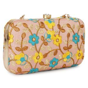 Hand Crafted Desner Box Clutch With Zari Embroidery Peach Multi T_T